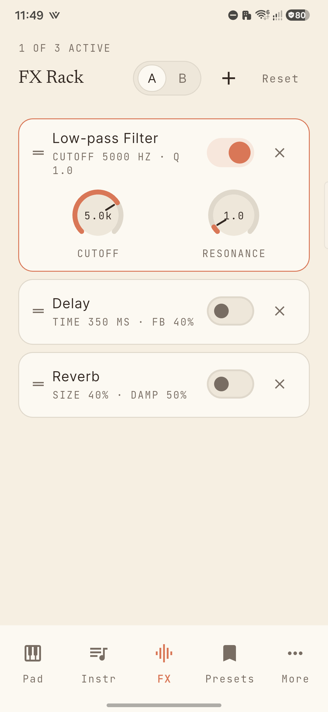SynthChord FX rack with low-pass filter active and delay, reverb stacked below