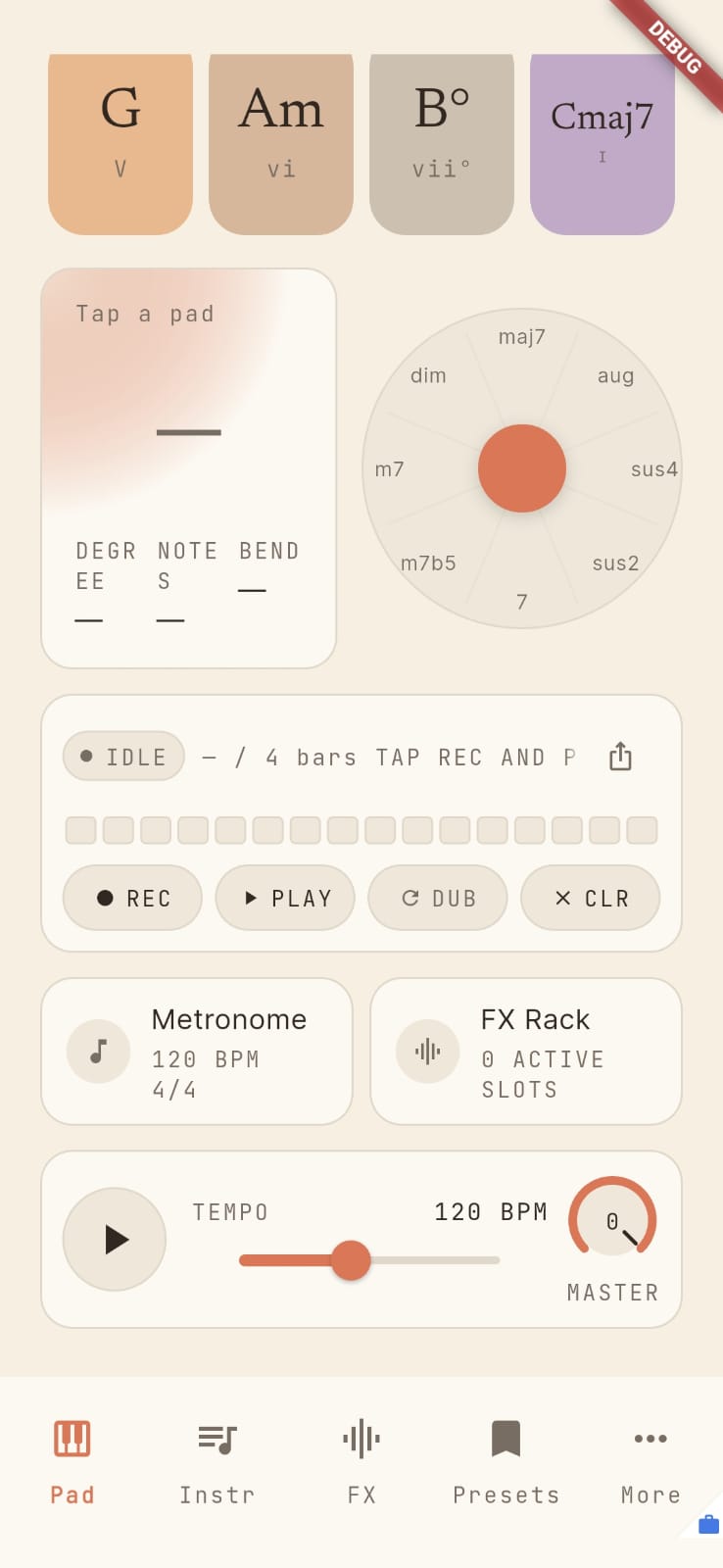 SynthChord looper screen with REC armed and a bar count